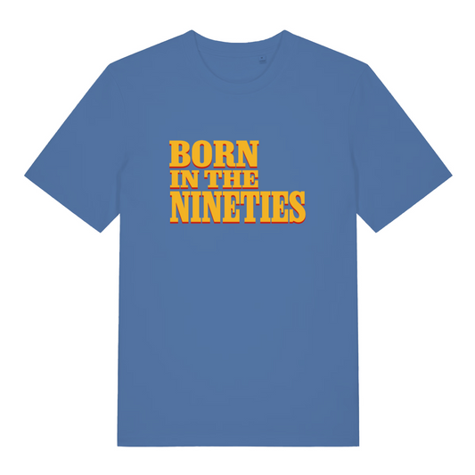 blue slogan t-shirt with the text 'born in the nineties'