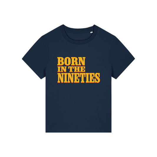 navy slogan t-shirt with 'born in the nineties'