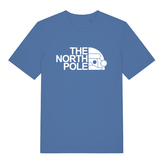 blue women's christmas slogan t-shirt with the text 'the north pole'