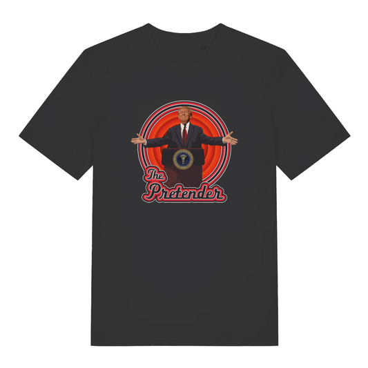 black funny t-shirt with the graphic of the 47th president with the slogan 'the pretender'