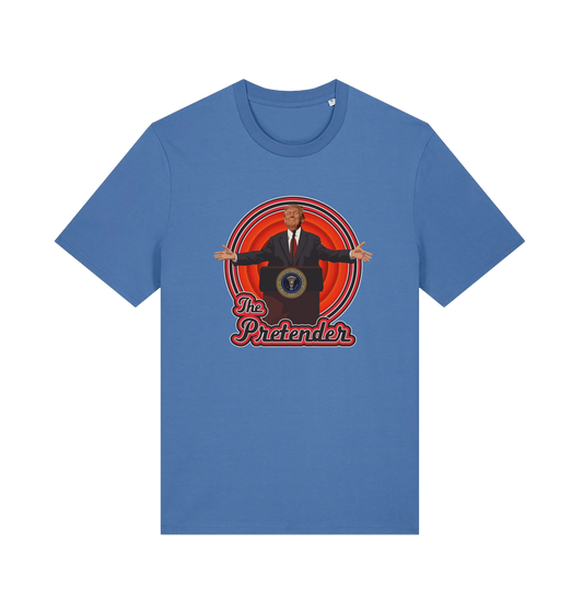 blue music t-shirt with the graphic of the 47th president and the slogan 'the pretender'