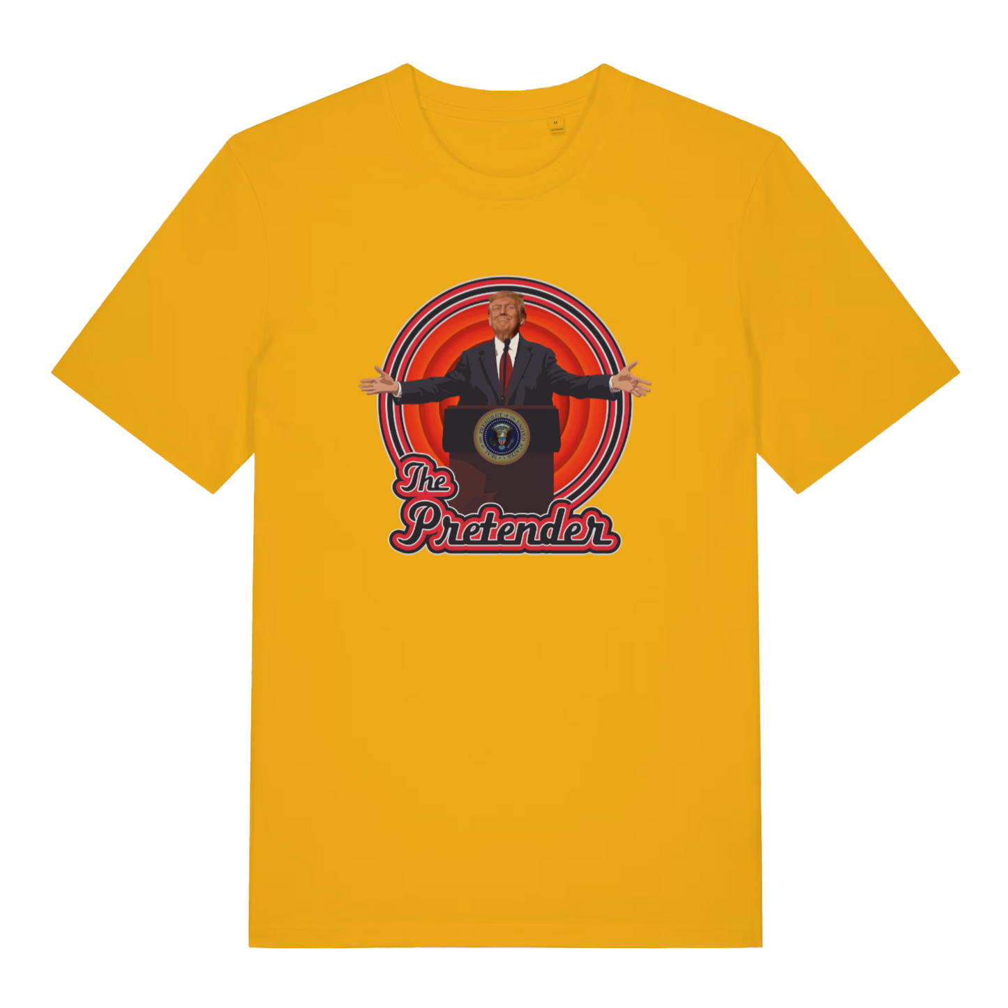 yellow funny t-shirt with the graphic of the 47th president with the slogan 'the pretender'