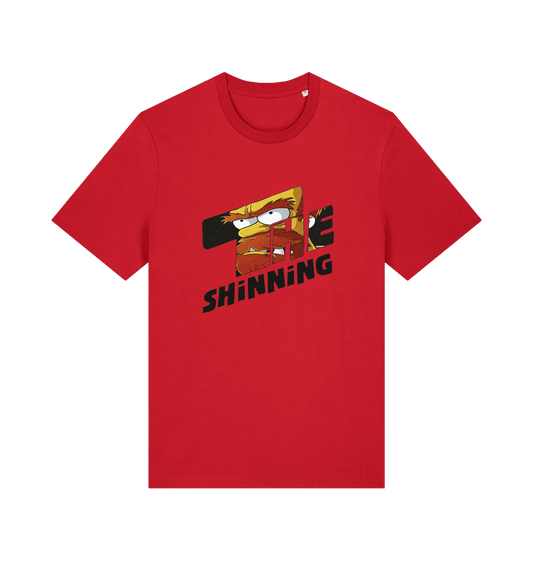 red geek t-shirt with 'the shinning' and a cartoon graphic inside