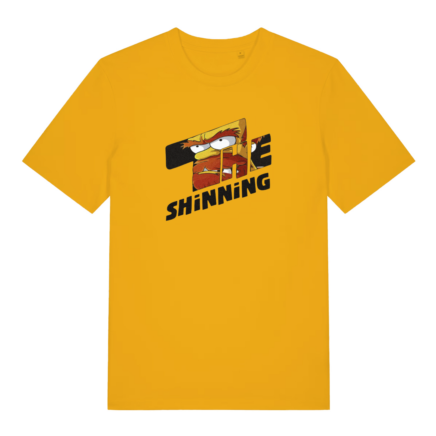 yellow movie t-shirt with the text 'the shinning' and the graphic of wullie from the simpsons