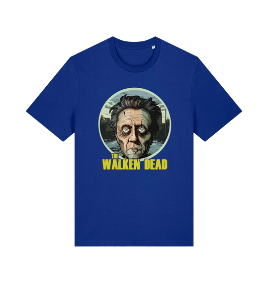 blue horror t-shirt with the graphic of christopher walken as a zombie and the slogan 'the walken dead'