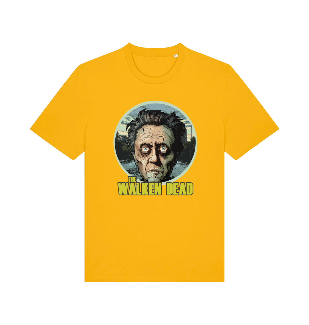 yellow horror t-shirt with the graphic of christopher walken as a zombie and the slogan 'the walken dead'