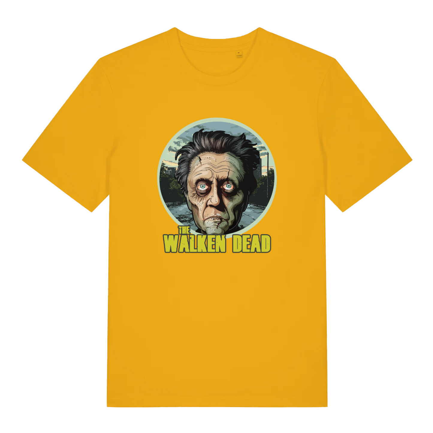 yellow movie t-shirt with the graphic of a zombie and the slogan 'the walken dead'
