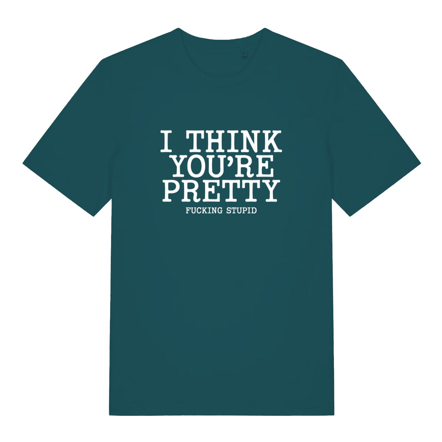teal women's funny offensive t-shirt with the slogan 'i think you're pretty fucking stupid'