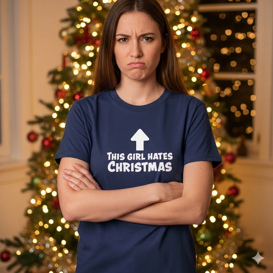 Navy blue t-shirt with white text and graphic on a white background