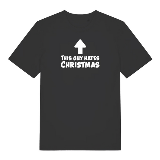 black xmas t-shirt with the slogan 'this guy hates christmas'