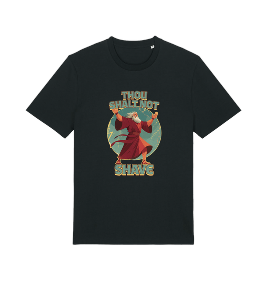 black funny jesus t-shirt with the graphic of a robed man and the slogan 'thou shalt not shave'