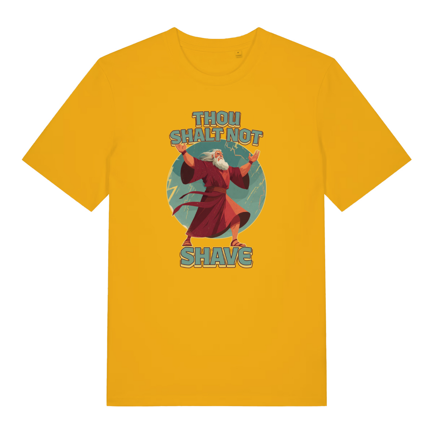 yellow funny jesus t-shirt with a graphic of a character in a robe and the text 'Thou Shalt Not Shave'