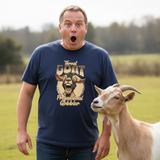 Navy blue t-shirt with a graphic of a goat and text on a white background