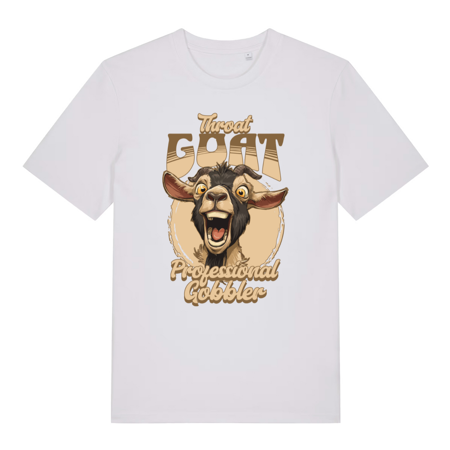 white funny offensive t-shirt with the graphic of a goat and the slogan 'throat goat professional gobbler'