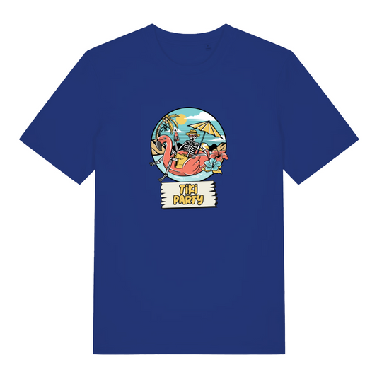 blue graphic t-shirt with a skeleton sat on an inflatable flamingo and the slogan 'tiki party'