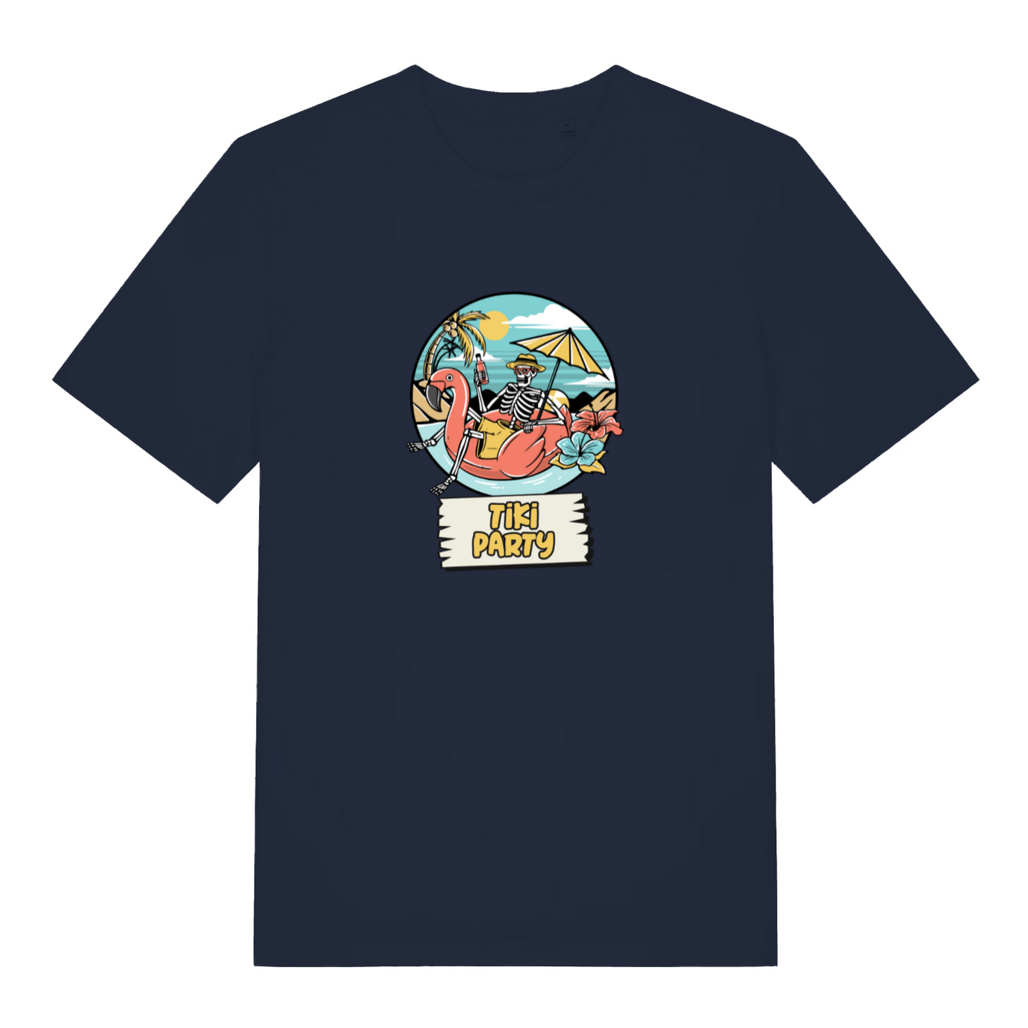 navy graphic t-shirt with a skeleton sat on an inflatable flamingo and the slogan 'tiki party'