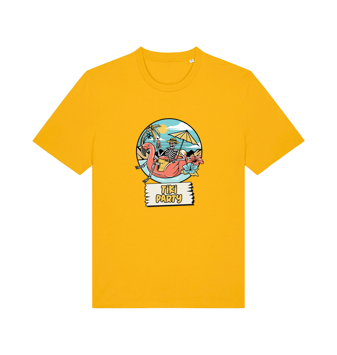 yellow graphic t-shirt with a skeleton sat on an inflatable and the slogan 'tiki paty'