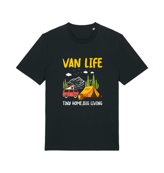 black graphic t-shirt with a campervan and the slogan 'van life tiny home big living'