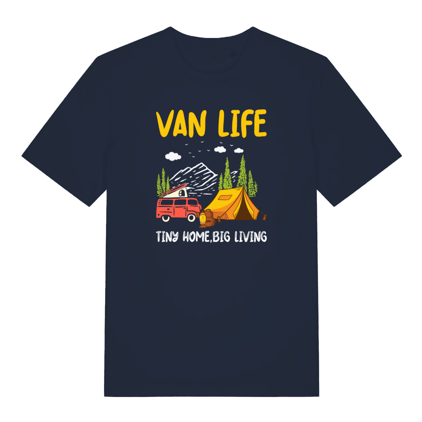 navy graphic t-shirt with a campervan and tent design and the slogan 'van life tiny home, big living'