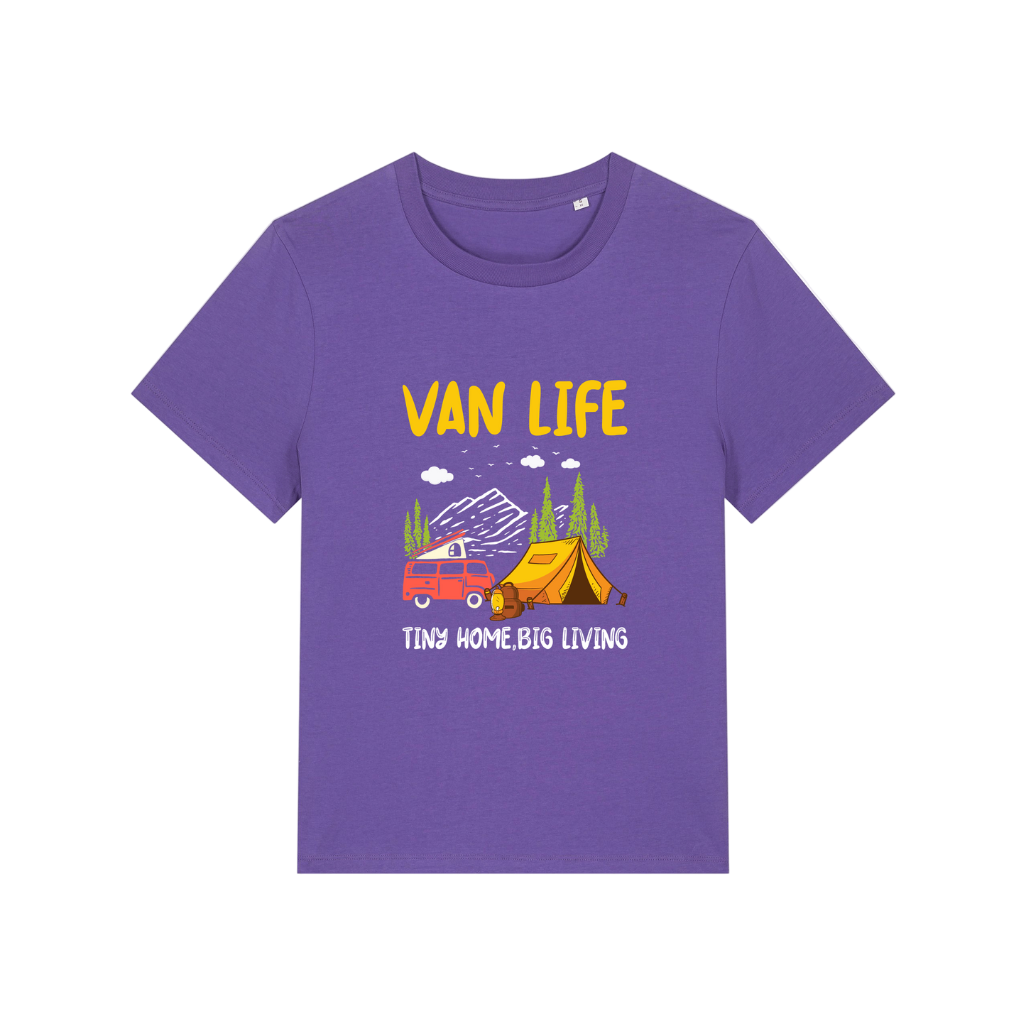 purple graphic t-shirt with 'Van Life' graphic design featuring a van and tent