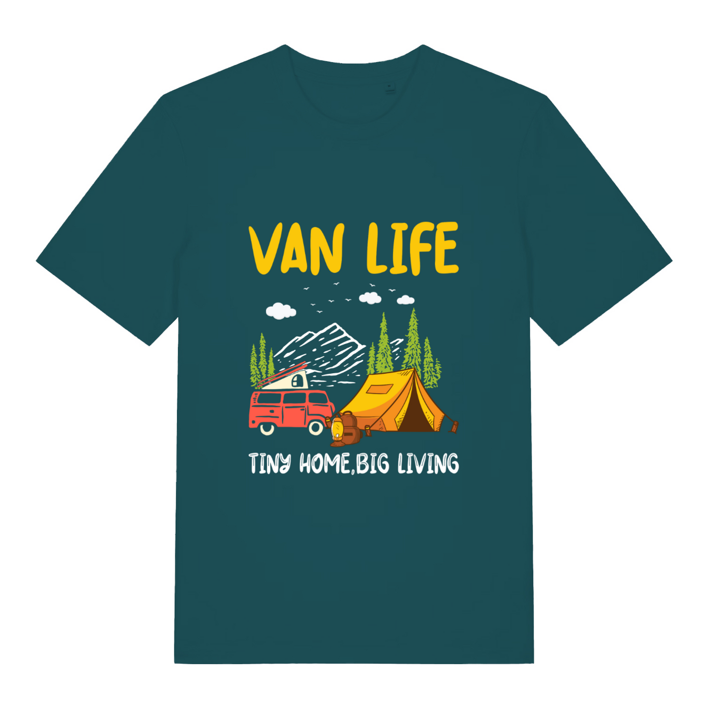 teal women's graphic t-shirt with the graphic of a campervan and the slogan 'van life tiny home big living'