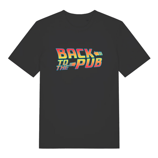 black slogan t-shirt with the text 'back to the pub'