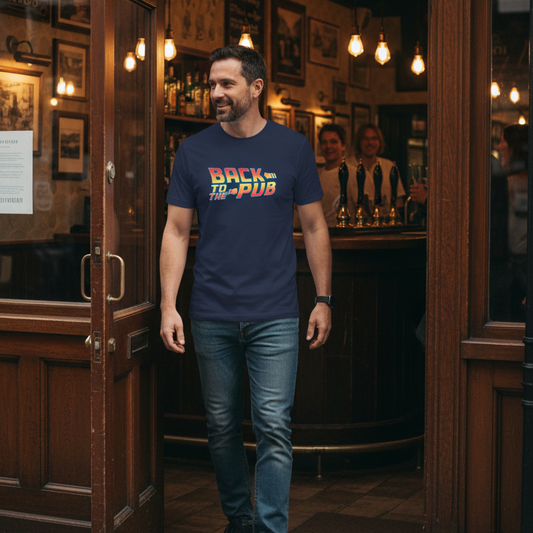 Man wearing a 'Back to the Pub' t-shirt in a bar setting