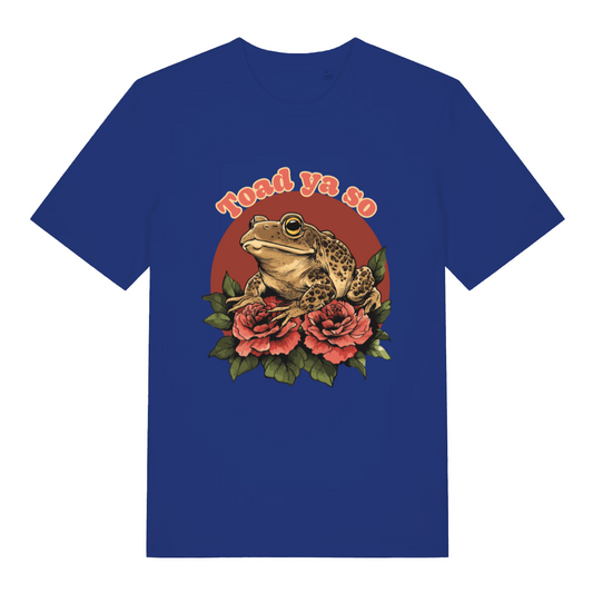 blue women's funny animal t-shirt with the graphic of a toad and the slogan 'toad ya so'