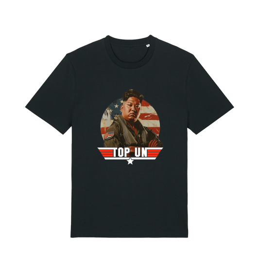 black offensive t-shirt with the graphic of a north korean leader and the slogan 'top un'