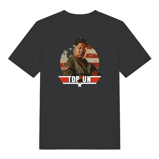 black funny offensive t-shirt with a graphic of a person in front of an American flag and 'TOP UN' text