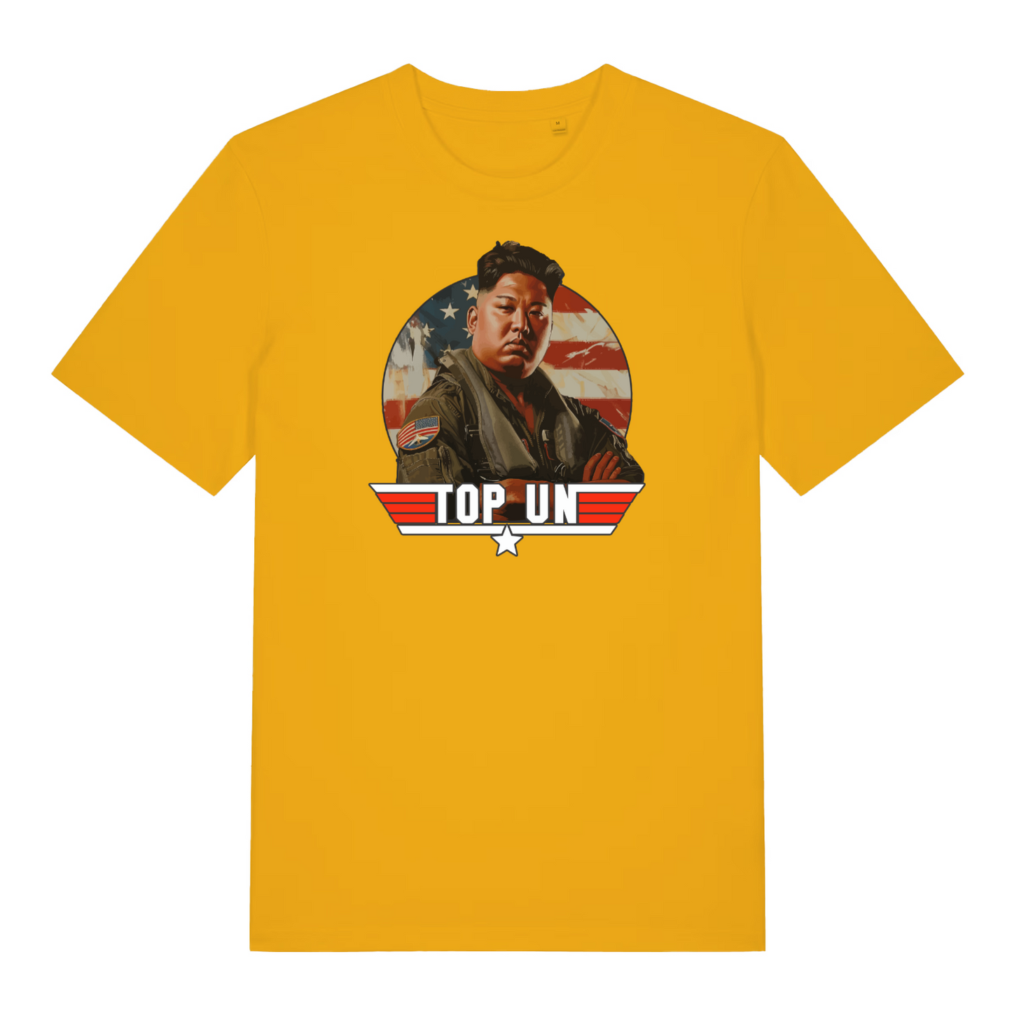 yellow funny offensive t-shirt with a graphic of a person in front of an American flag and 'TOP UN' text