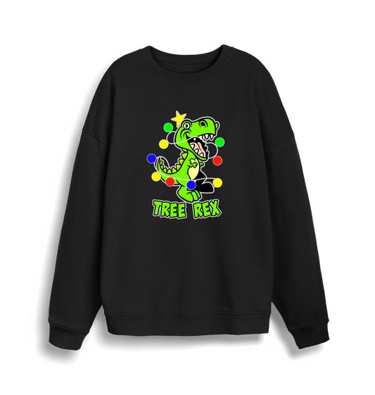black christmas sweater with the graphic of a dinosaur and the slogan 'tree rex'