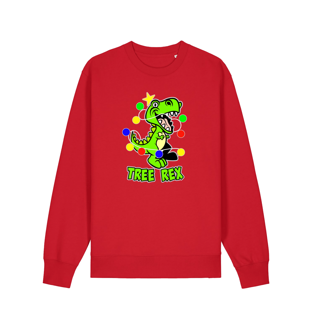 red christmas sweater with the graphic of a dinosaur and the slogan 'tree rex'
