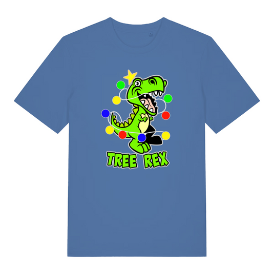 blue christmas t-shirt with the graphic of a t-rex wrapped up in fairy lights and the slogan 'tree rex'