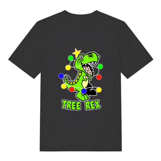 black women's christmas t-shirt with the graphic of a dinosaur wrapped in lights and the slogan 'tree rex'