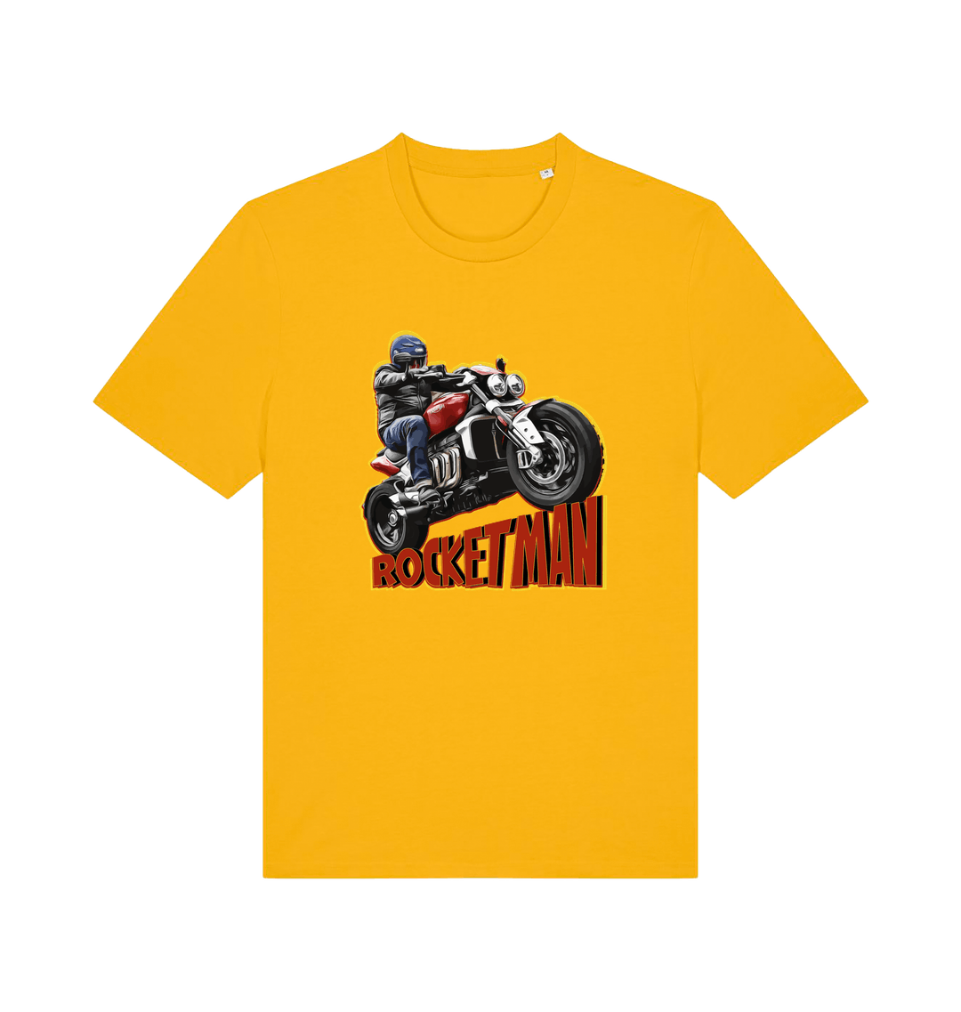 yellow motorcycle t-shirt with the graphic of a man n a motorbike and the slogan 'rocketman'