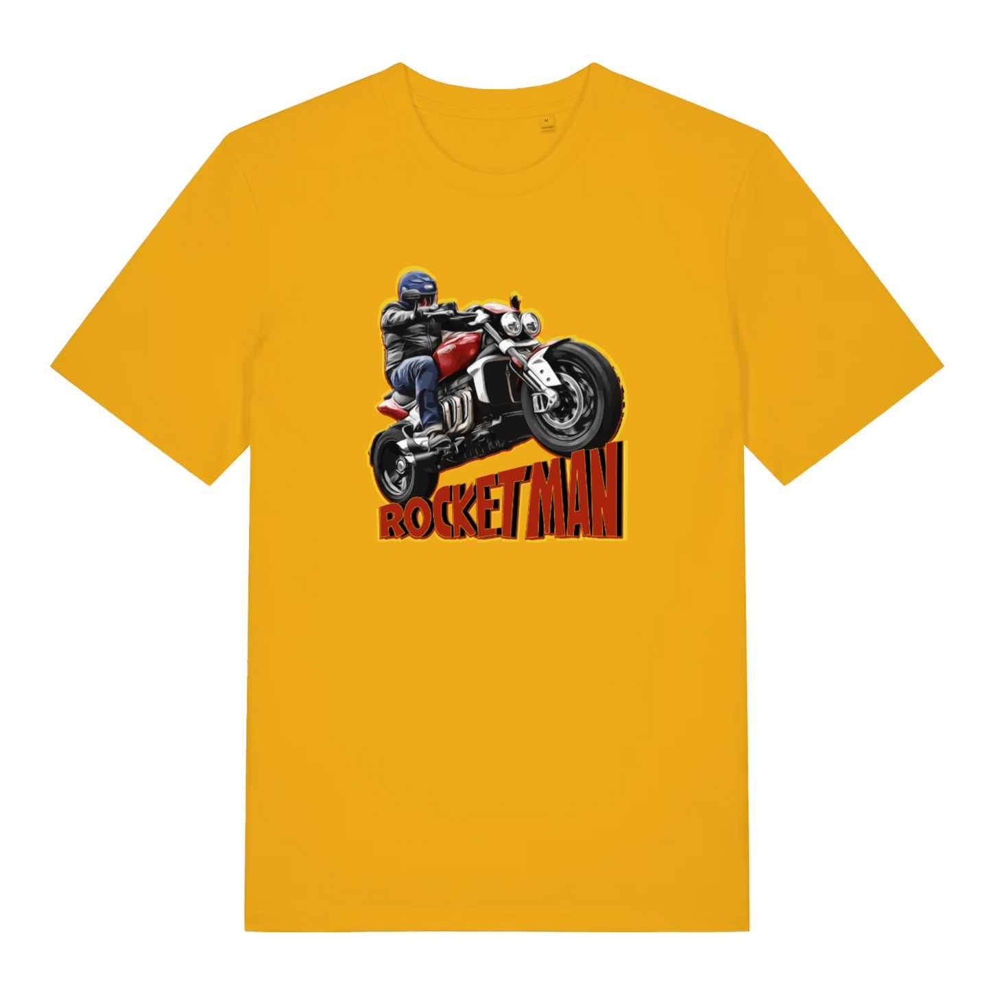 yellow biker t-shirt with the graphic of a man on a motorbike and the word 'rocketman'