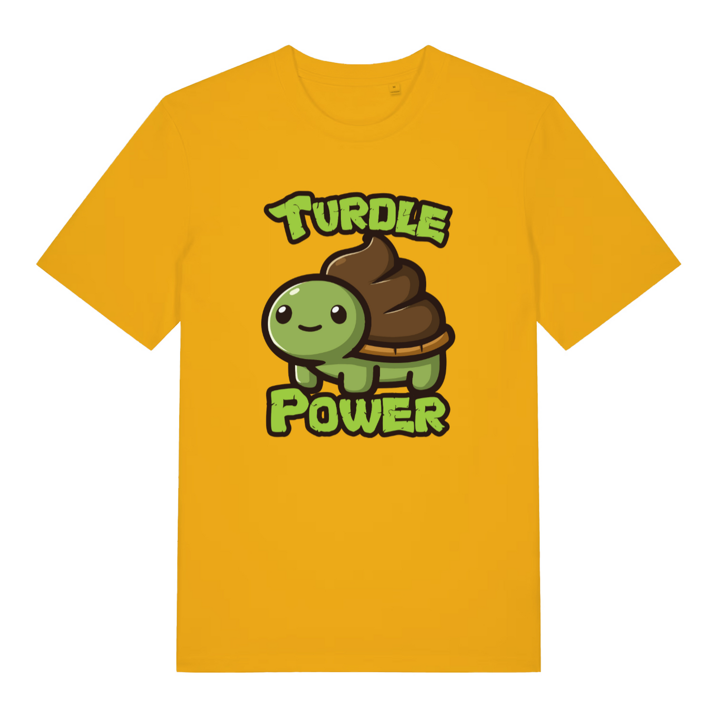 yellow funny animal t-shirt with a cartoon turtle and 'Turdle Power' text