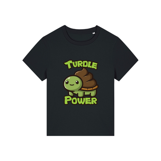 black funny animal t-shirt with a graphic of a turtle with an emoji poo for a shell and the slogan 'turdle power'