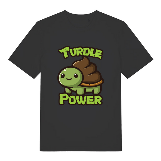black women's kawaii t-shirt with the graphic of a turtle with an emoji poo for a shell and the slogan 'turdle power'