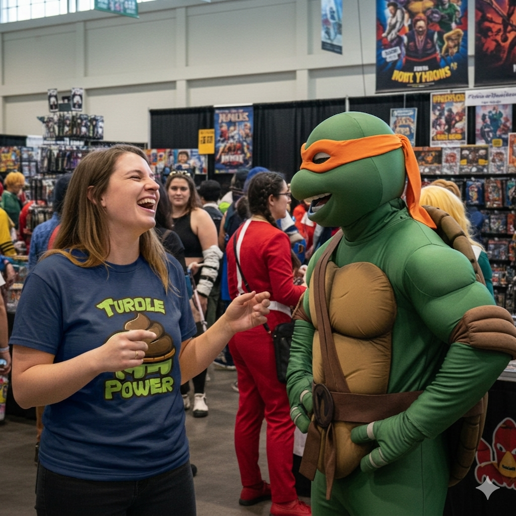 Woman in 'Turdle Power' shirt interacting with person in Teenage Mutant Ninja Turtles costume at a convention.