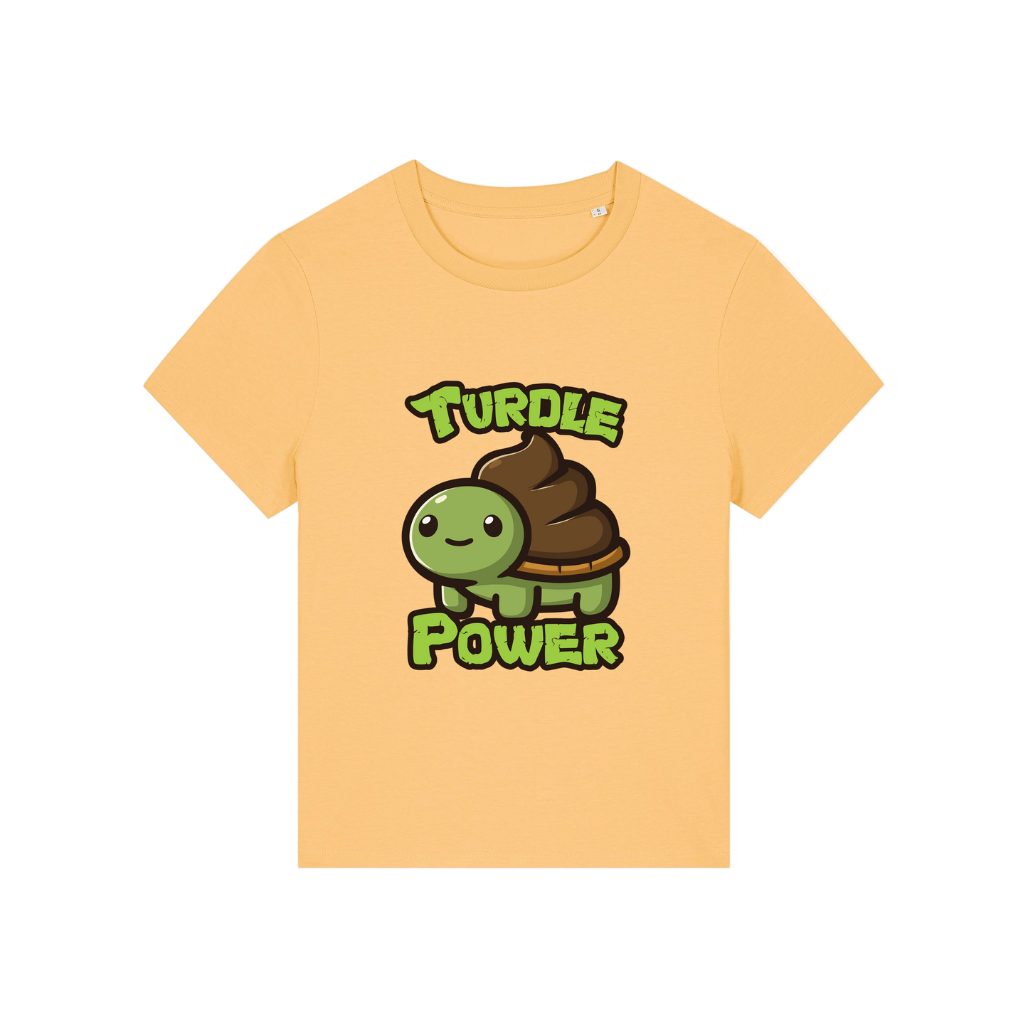 yellow funny animal t-shirt with a graphic of a turtle with an emoji poo for a shell and the slogan 'turdle power'