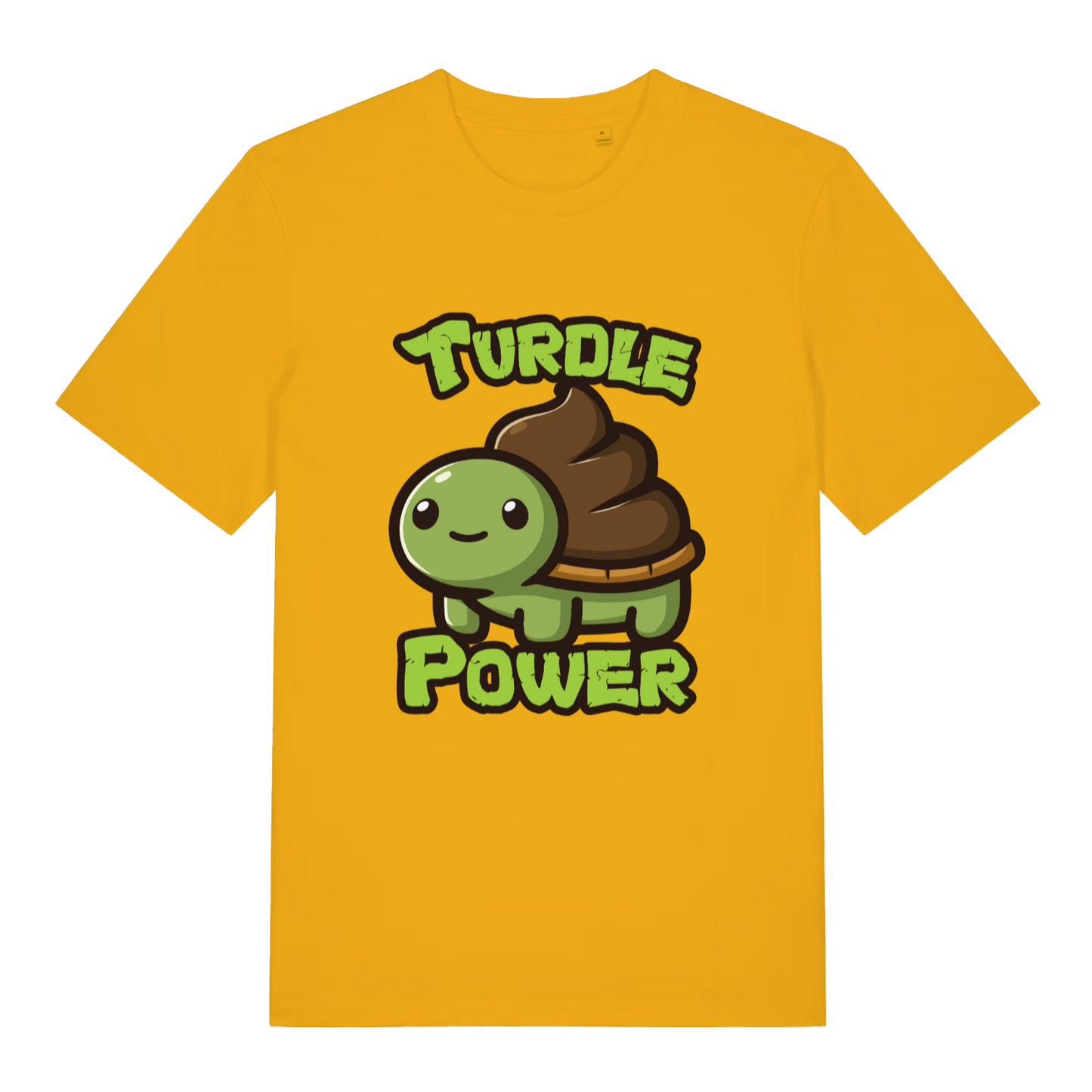 yellow women's kawaii t-shirt with the graphic of a turtle with an emoji poo for a shell and the slogan 'turdle power'