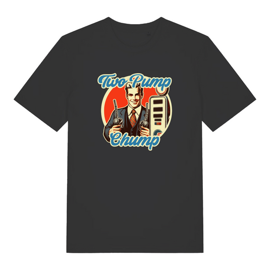 black funny offensive t-shirt with the graphic of a man holding a fuel pump nozzle and the slogan 'two pump chump'