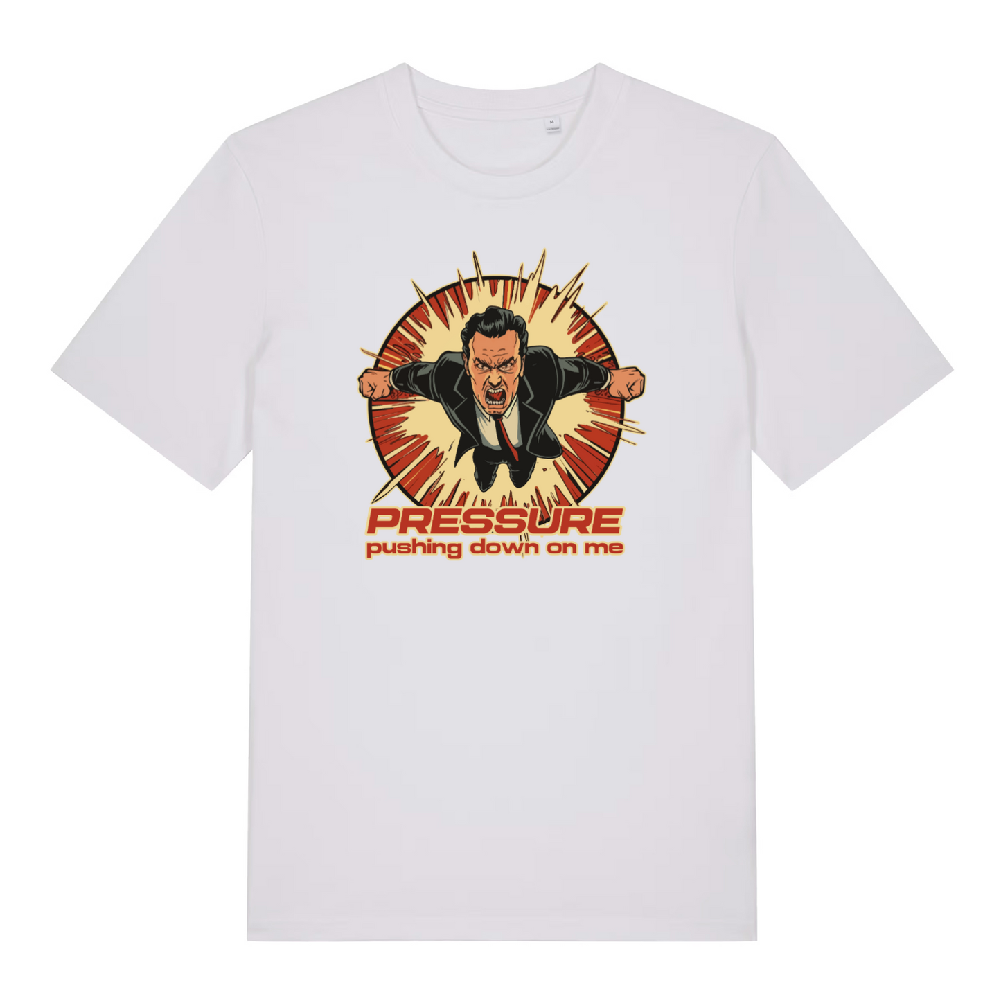 white music t-shirt with the graphic of a man jumping through the air and the text 'under pressure'