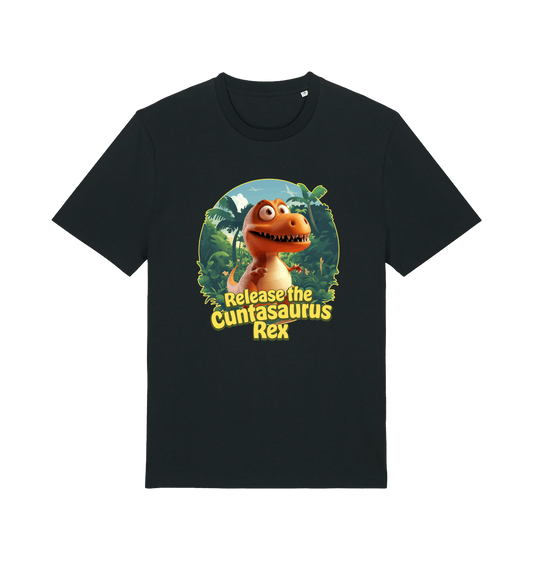black funny offensive t-shirt with the graphic of a dinosaur and the slogan 'release the cuntasaurus rex'