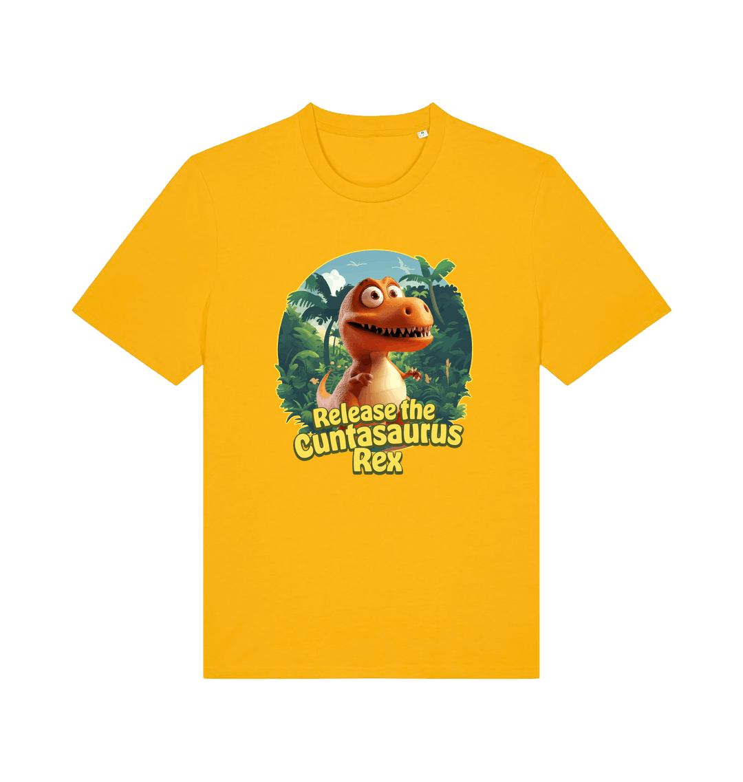 yellow funny offensive t-shirt with the graphic of a dinosaur and the slogan 'release the cuntasaurus rex'