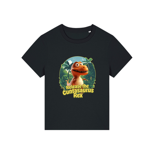 black funny offensive t-shirt with the graphic of a dinosaur and the slogan 'unleash the cuntasaurus rex'