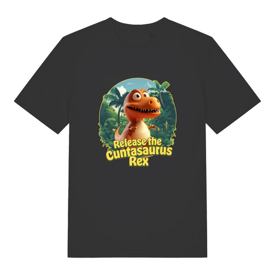 black women's funny offensive t-shirt with the graphic of a dinosaur and the slogan 'release the cuntasaurus rex'