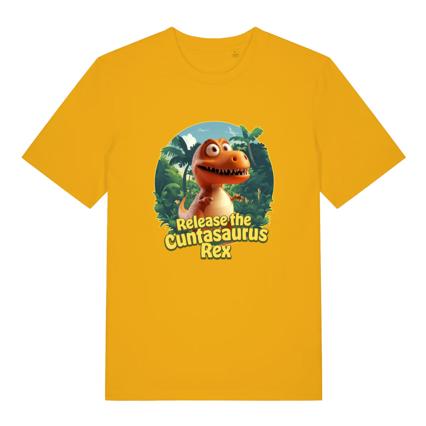 yellow women's funny offensive t-shirt with the graphic of a dinosaur and the slogan 'release the cuntasaurus rex'